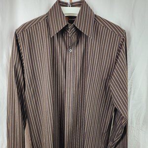 Level Ten brown with tan and cream striped dress shirt, size Large.